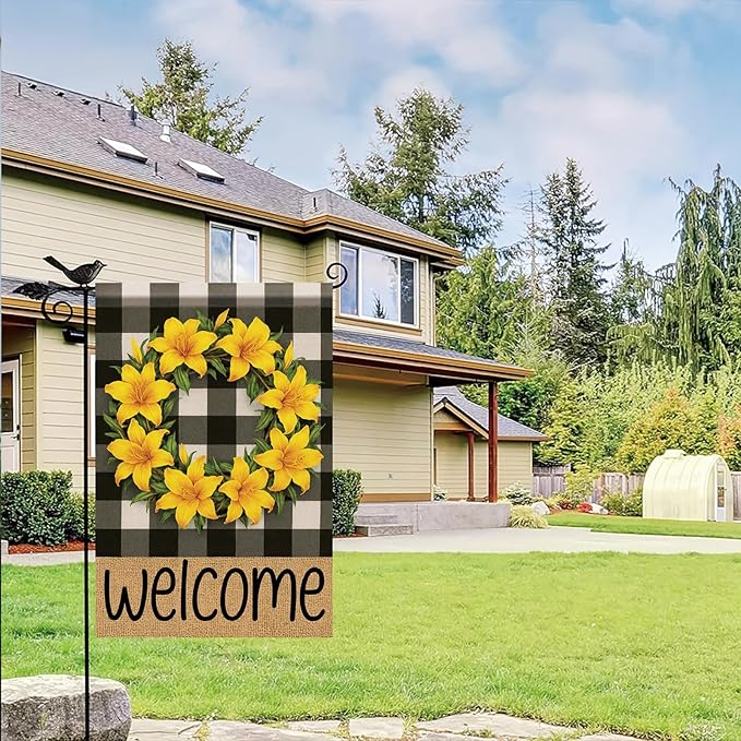 Buffalo Plaid Welcome Wreath Garden Flag Lily Flower Flag 12x 18 Inch Double Sided Spring Outdoor Fall Autumn Farmhouse Outdoor Small Decor for Porch Lawn Patio Yard