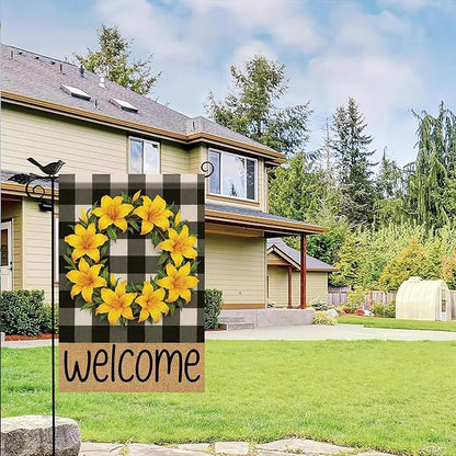 Buffalo Plaid Welcome Wreath Garden Flag Lily Flower Flag 12x 18 Inch Double Sided Spring Outdoor Fall Autumn Farmhouse Outdoor Small Decor for Porch Lawn Patio Yard