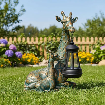 Solar Garden Decor - Mother Baby Giraffe Statue with Solar Lantern 9.7" Resin Giraffe Figurine Outdoor Patio Yard Porch Decor Gifts for Mom Grandma Women Gardeners