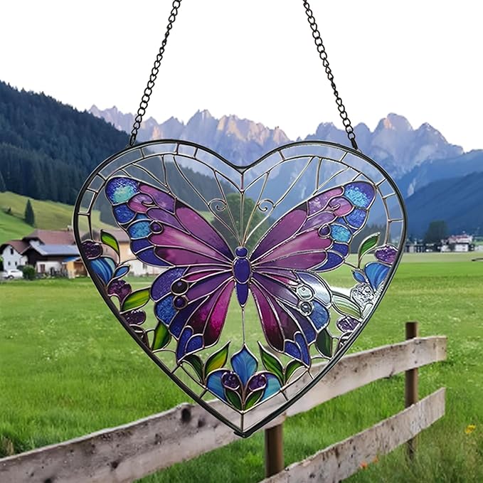 Butterfly Stained Glass Window Hanging, Blue-Purple Butterfly Suncatcher Window Wall Garden Decor with Chain, Heart Suncatchers Gift for Women, Mom, Wife, Aunt, 7.9 in