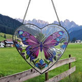Butterfly Stained Glass Window Hanging, Blue-Purple Butterfly Suncatcher Window Wall Garden Decor with Chain, Heart Suncatchers Gift for Women, Mom, Wife, Aunt, 7.9 in