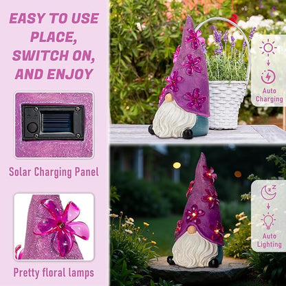 twinbling Solar Garden Outdoor Statues Gnome with Green Flower Lights, Resin Lawn Decor, Gnomes Decorations for Yard, Patio, Home, Balcony (Purple)
