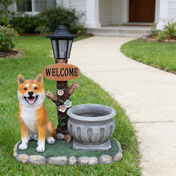 20" Solar Akita Garden Statue with Welcome Sign & Planter - Large Dog Sculpture with LED Street Lantern - Weatherproof Resin Decorative Flower Pot for Porch, Yard & Patio - Pet Lover Gift