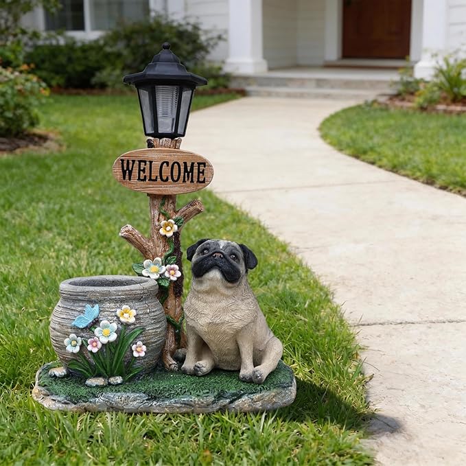 Solar Garden Statue with Planter & Solar Lantern, Outdoor Resin Animal Sculpture, Waterproof Yard Lawn Decor Pot for Succulents, Front Porch Ornament Housewarming Gift (Pug)