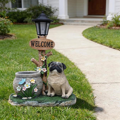 Solar Garden Statue with Planter & Solar Lantern, Outdoor Resin Animal Sculpture, Waterproof Yard Lawn Decor Pot for Succulents, Front Porch Ornament Housewarming Gift (Pug)