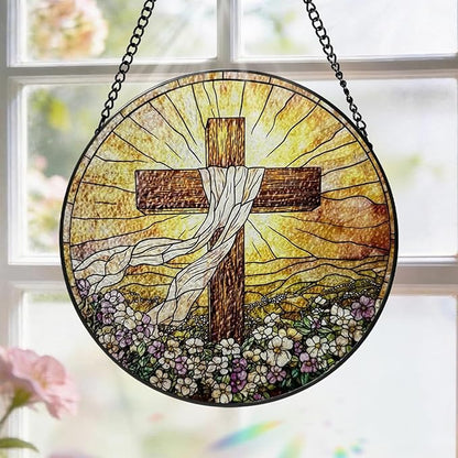 Stained Glass Cross Suncatcher Window Hanging, Christian Sun Catchers Indoor Window, Easter Suncatchers for Windows Hanging, Home Garden Decor Glass Panel, Religious Faith Christian Gift for Women Men