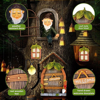 7 Pcs Fairy Garden Accessories Tree Hugger Gnome Statue Fairy Door Window Set Dwarf Elf Landscape Figurine Out The Door Resin Sculpture Hanging Tree Faces Decor for Trees Outdoor Decor (Fresh)