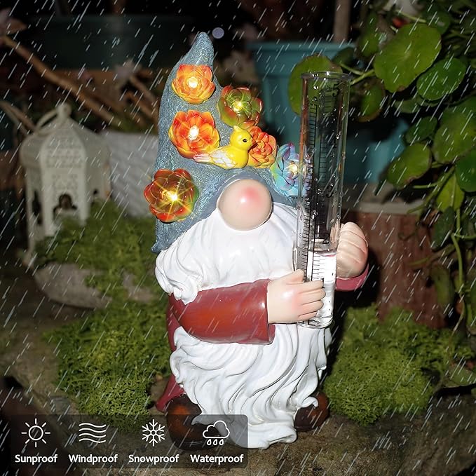 FORUP Resin Gnome Solar Rain Gauges, Resin Garden Gnome Statue with a Plastic Rain Gauge, Hand Painted Gnome Sculpture Water Gauge for Rain