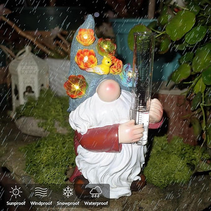 FORUP Resin Gnome Solar Rain Gauges, Resin Garden Gnome Statue with a Plastic Rain Gauge, Hand Painted Gnome Sculpture Water Gauge for Rain