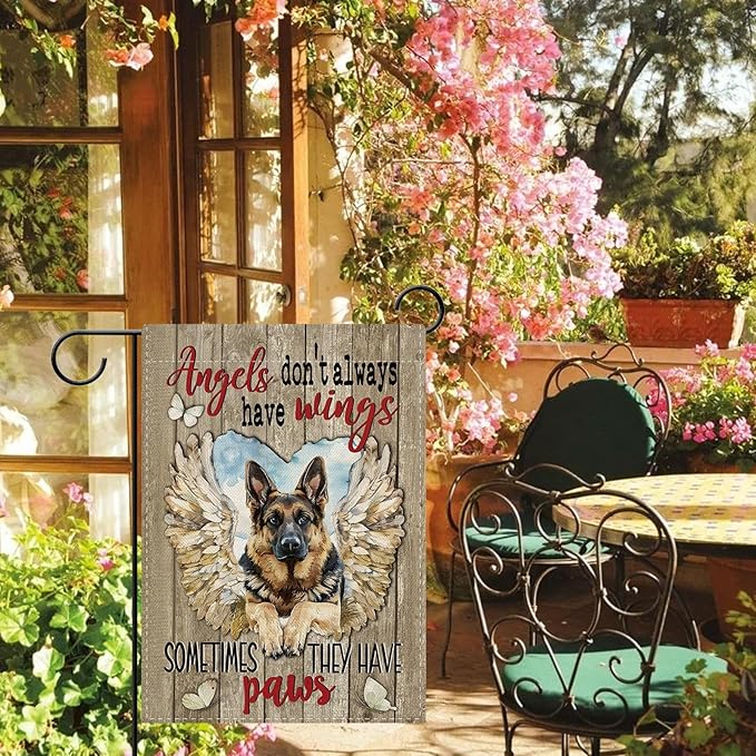 Dyrenson Memorial German Shepherd Dog Garden Flag, Angels Don't Always Have Wings Cemetery Yard Outside Home Decoration Gifts for Loss of Dog, Pet Farmhouse Outdoor Small Decor Double Sided 12 x 18