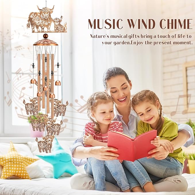 Highland Cow Gifts Windchimes - Metal Animal Wind Chimes for Cows Lover Outside Garden Yard Patio Decor Waterproof Home Indoor Hanging Decoration Christmas Birthday Gift for Mom Grandma Women