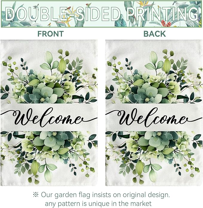 Spring Summer Welcome Garden Flags 12x18 Inch Double Sided Green Eucalyptus Leaves Floral Garden flag Seasonal Yard Flags for Outside Decorations Banner for Outdoor Farmhouse Yard