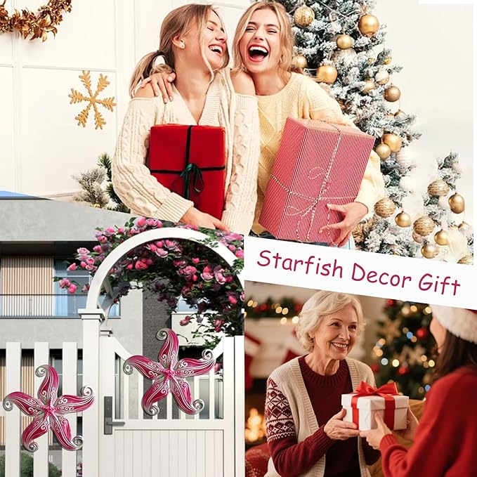 POXOHO Starfish Garden Decorations Outdoor, Starfish Wall Decor Art for Fence Patio Yard, 12" Hanging Glass Sculpture, Outdoor Wall Art Ocean Gifts for Women & Men (Pink)