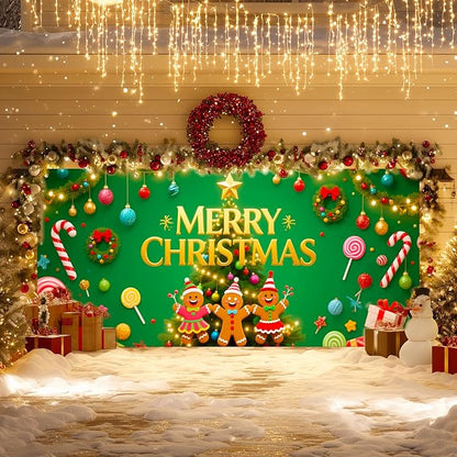 IVN Green Candy Christmas Garage Door Banner 6x13 ft Holiday Backdrop with Gingerbread Ornaments Garage Door Covers Decorative Garage Door Cover Mural for Outdoor Wall Decor