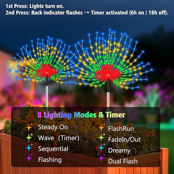 echosari Outdoor Solar Garden Lights, Total 6 Pack 720 LED Firework Light with 8 Modes IP65 Waterproof Solar Landscape Lights for Backyard Patio Pathway Lawn (Multicolor)