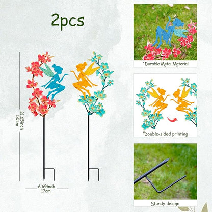 2 Pack Colorful Metal Fairy Garden Stakes - Fairy Sitting on Blooming Flower Outdoor Yard Decorations, Rustproof Garden Ornaments for Lawn, Patio & Flower Beds(Fairys1)