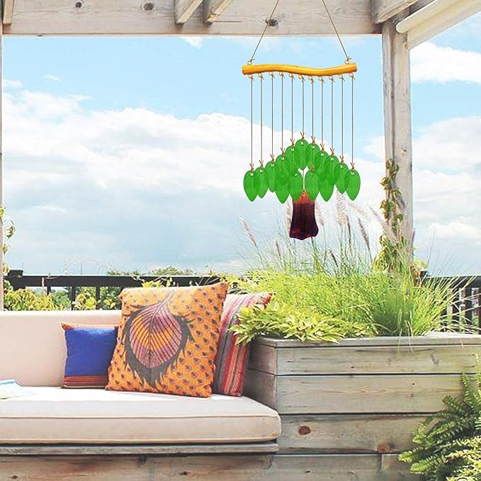 Leaf Shape Glass Wind Chimes for Outside Decoration, Green Tree Windchimes Outdoors Unique, Handcrafted Suncatcher Glass Art Wind Chimes for Women, Hanging Outdoor Christmas Decor