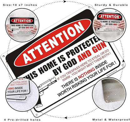 Showbellia 2 Pack Gun Signs This Home is Protected By GOD and Rust Free Aluminum, Weather/Fade Resistant, Easy Mounting, Indoor/Outdoor Use Metal Gun Sign (10"x 7") inches