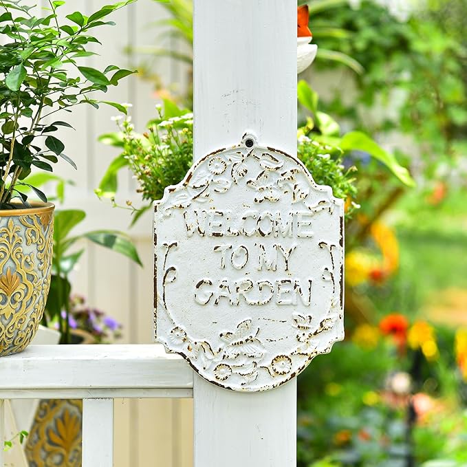 Sungmor Rustful Crafts Cast Iron WELCOME TO MY GARDEN sign, Decorative Garden Marker, Beautiful Outdoor Yard Patio Wall or Fence Decoration, Vintage Hanging Welcome Signs to Gardening Lovers