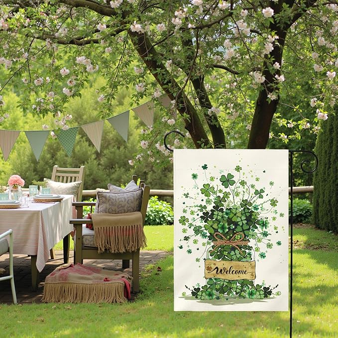 Spring Garden Flag 12x18 Inch Welcome Clover Design Double Sided Outdoor Yard Flags Seasonal Porch Patio Lawn Farmhouse House Banner Decorations for St Patricks Day and Everyday Home Décor