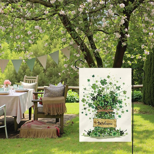 Spring Garden Flag 12x18 Inch Welcome Clover Design Double Sided Outdoor Yard Flags Seasonal Porch Patio Lawn Farmhouse House Banner Decorations for St Patricks Day and Everyday Home Décor