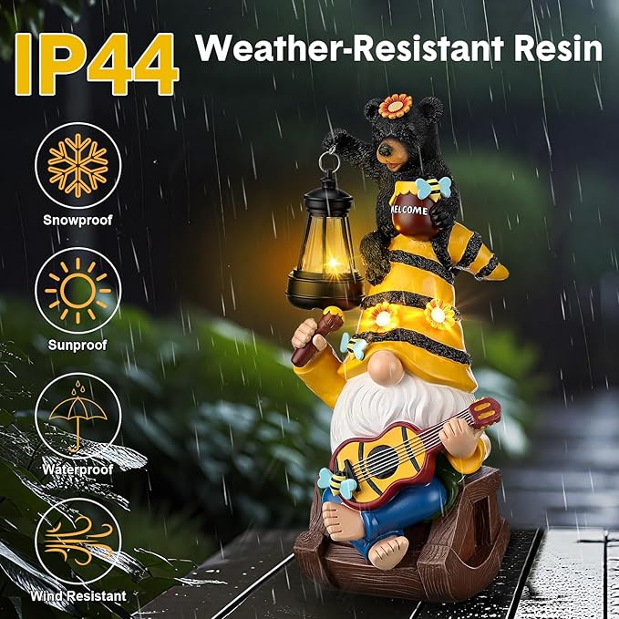 Gerrii Bee Gnome Solar Statue with LED Lantern Spring Garden Outdoor Resin Figurine Gifts for Women Mom Weatherproof Stacked Bear Bee Gnome Light Ornament for Porch Patio Lawn Entryway Welcome