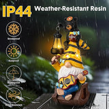 Gerrii Bee Gnome Solar Statue with LED Lantern Spring Garden Outdoor Resin Figurine Gifts for Women Mom Weatherproof Stacked Bear Bee Gnome Light Ornament for Porch Patio Lawn Entryway Welcome