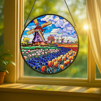 Stained Glass Window Hanging - 7.8in Windmill and Tulips Flowers Field Sun Catchers Indoor Stained Glass Panels Wall Decor for Mom，Wife，Lovers，Festive