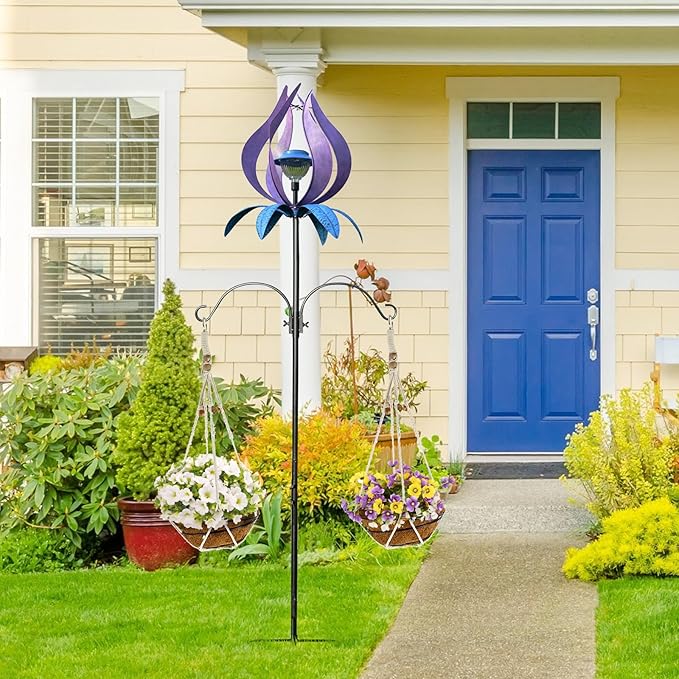 Multifunction Solar Wind Spinner Outdoor with Shepherd Hooks MANORTANG 83 Inch Valentine Metal Large Landscape Light Double Coconut Basket LED Windmill Outdoor Decoration for Yard Patios (Purple)