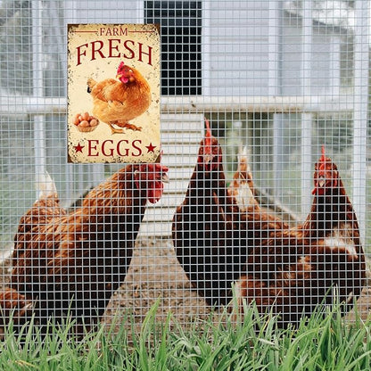 Chicken-Sign Metal-Sign Wall-Art Décor-Yard, Farm Fresh Eggs, Farm Plaque Garden Sign Outdoor Coop Décor for Home Fence 8 X 12 Inches