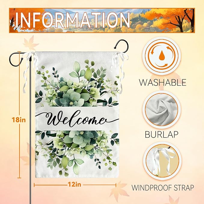Spring Summer Welcome Garden Flags 12x18 Inch Double Sided Green Eucalyptus Leaves Floral Garden flag Seasonal Yard Flags for Outside Decorations Banner for Outdoor Farmhouse Yard