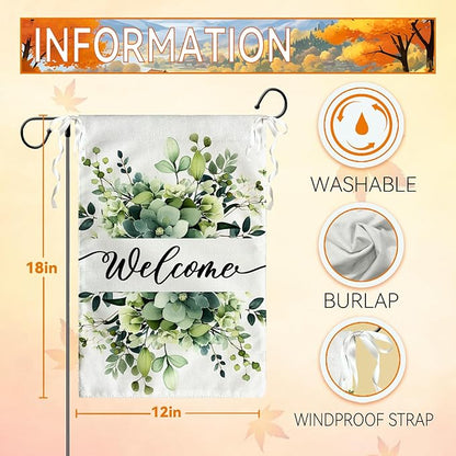Spring Summer Welcome Garden Flags 12x18 Inch Double Sided Green Eucalyptus Leaves Floral Garden flag Seasonal Yard Flags for Outside Decorations Banner for Outdoor Farmhouse Yard