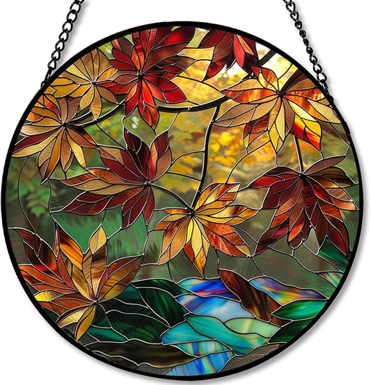 Autumn Leaves Stained Glass Window Hanging Panel – Nature Fall Suncatcher Wall Art for Home Window Decor and Gift