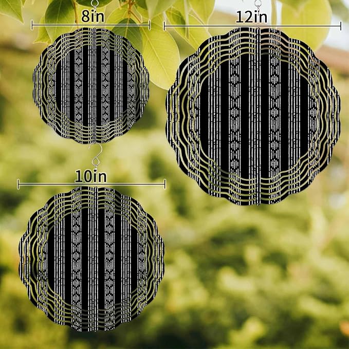 Tribal Boho Geometric Stripes Round Wind Spinner 10", 3D Stainless Steel Wind Spinners for Yard and Garden Black Indoor Outdoor Metal Hanging Craft Ornaments for Porch Lawn Home Party Decoration