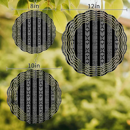 Tribal Boho Geometric Stripes Round Wind Spinner 10", 3D Stainless Steel Wind Spinners for Yard and Garden Black Indoor Outdoor Metal Hanging Craft Ornaments for Porch Lawn Home Party Decoration