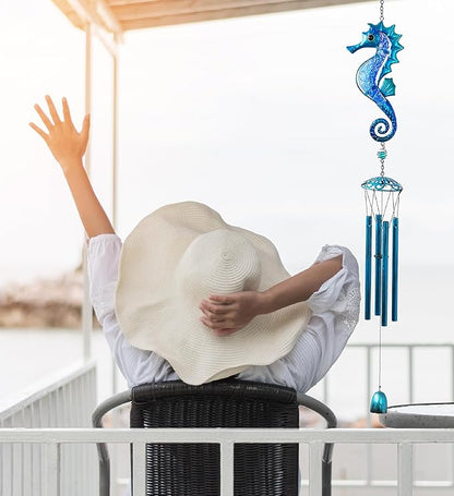 CoTa Global Blue Seahorse Wind Chime - Handcrafted Glass and Metal Chime - Hanging Seahorse Decoration for Indoor and Outdoor Spaces, Hanging Ocean Animal Windchime Decor Gift - 35 Inches