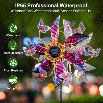 Solar Wind Spinner Outdoor Metal - Large Kinetic Garden Wind Spinners with Solar LED Lights, Waterproof Butterfly Yard Art Sculptures & Spinners for Patio, Lawn, Pathway, Backyard