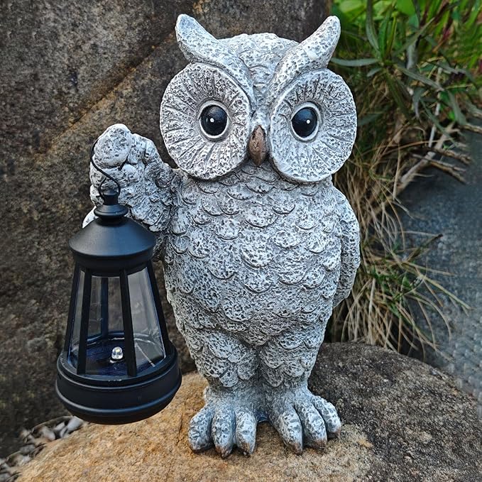 GUANFU Garden Statues, owl Outdoor Figurines Decorated with Solar Lights, Unique Christmas Birthday Gifts for Moms, Grandmas, Women, Wives, Sisters (Grey Owl1)