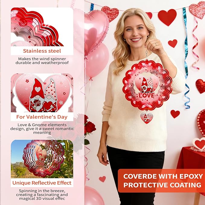 Gnome Wind Spinners Hanging Valentine's Day Gifts for Lover,12 inch 3D Metal Valentine Gnome Gifts Outdoor Decor for Yard and Garden,Valentine’s Day Decoration for Romantic Home