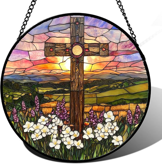 DASTOLL Christian Gifts for Women - Cross Stained Glass Window Hanging Easter Wildflower Sunset Scenery Sun Catcher Garden Religion Decor Mother's Day Catholic Gift for Men Grandma Nana Her 11.8"
