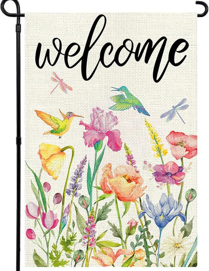Spring Summer Garden Flag 12x18 Inch, Double Sided Colorful Flowers Birds Dragonflies Flag, Seasonal Yard Outdoor Decoration