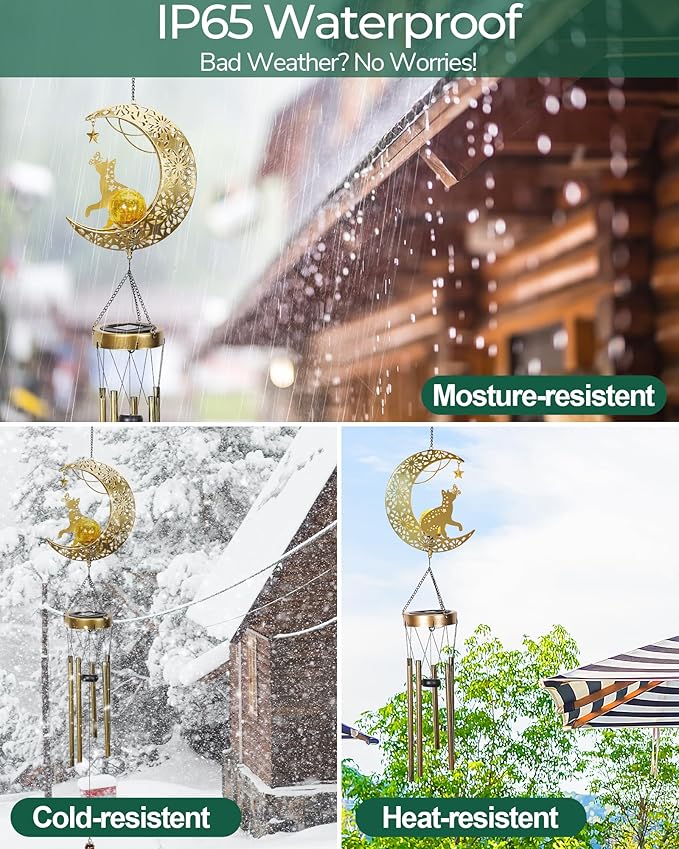 Vuees Solar Garden Outdoor Decor, Moon Cat Hanging Wind Chimes, Housewarming Ornament for Patio, Lawn, Yard, Pathway - Unique Gift Ideas for Gardening Mom Grandma Women