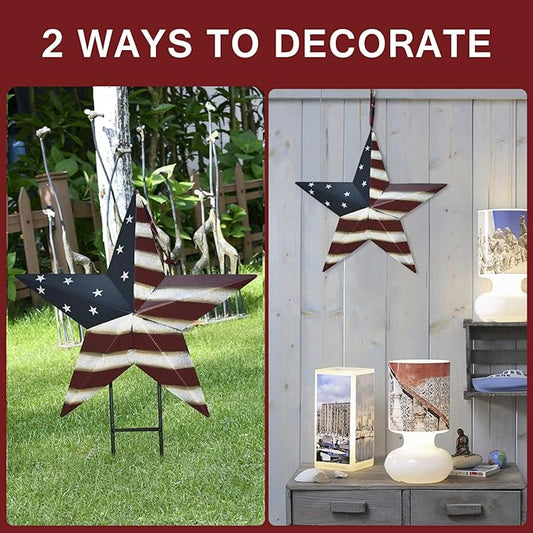 Metal Star Yard Signs 4th of July Decorations Outdoor, Patriotic US Flag Star Barn Decorative Garden Stakes for Fourth of July Garden Lawn Porch Independence Day Decor