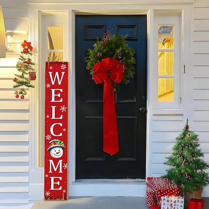 Christmas Snowman Wooden Porch Sign 47" Winter Vintage Large Welcome Porch Sign for Home Front Door Yard Party Decor (Red)
