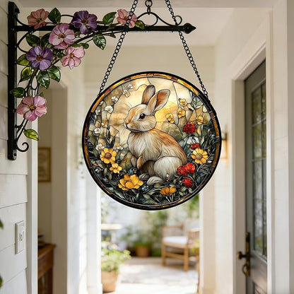 DASTOLL Stained Glass Window Hanging - Rabbit Flowers Suncatcher Ready to Hang Window Doors Home Decoration, Easter, Mother's Day Birthday Gifts for Women, Men, and Mom 7.8x7.8 in