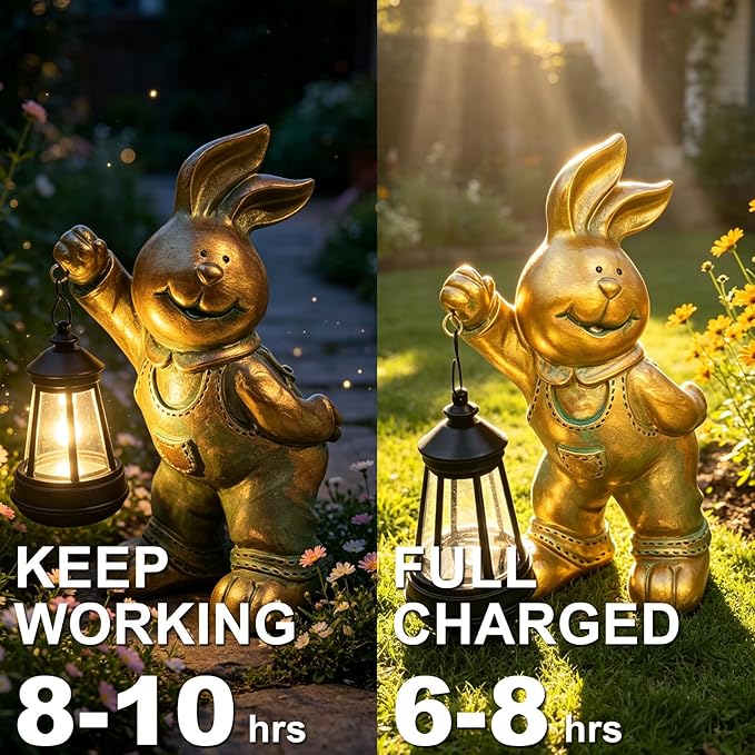 Outdoor Bunny Statue Solar Lantern for Garden Yard Lawn Patio Bronze Rabbit Figurine Decorations Housewarming for Mom Grandma Women