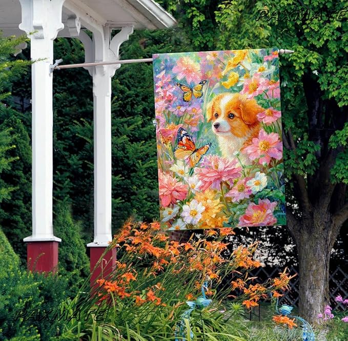 Spring Summer Welcome House Flag 28x40 Inch Double Sided Dog Floral Butterfly Burlap Large Yard Flag Seasonal Farmhouse Outside Outdoor Decoration