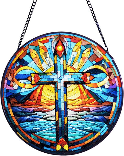 Stained Glass Cross Window Hanging, 8''/20CM Suncatchers for Windows Diamond Textured Glass Cross Decorative Hanging Ornaments Stained Glass for Chirstmas Suncatcher Window Panel Gift Home Decor (B)