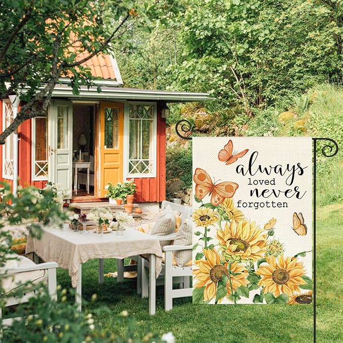 AVOIN colorlife Always Loved Never Forgotten Memorial Garden Flag 12x18 Inch Double Sided Outside, Sunflower Yard Outdoor Decoration