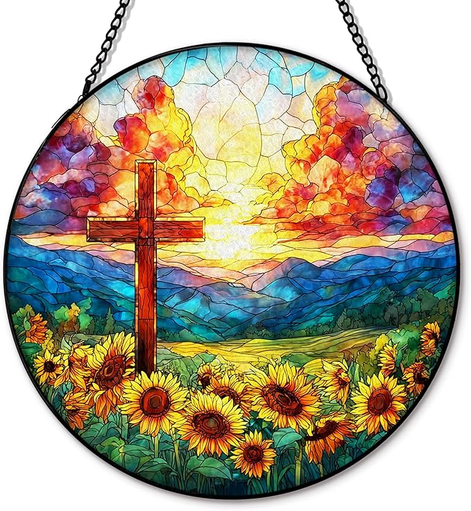 Christian Cross Suncatcher Garden Stained Glass Window Hanging, Christian Sunset Flower Sun Catchers Indoor Window Glass Round Wall Decor, Religious Wall Art Hanging Decorations, ＂7.8x7.8＂